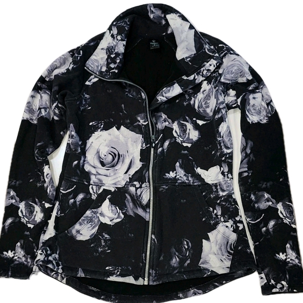 Skechers Women's Formfitting Charcoal Gray and White Floral Full Zip Jacket